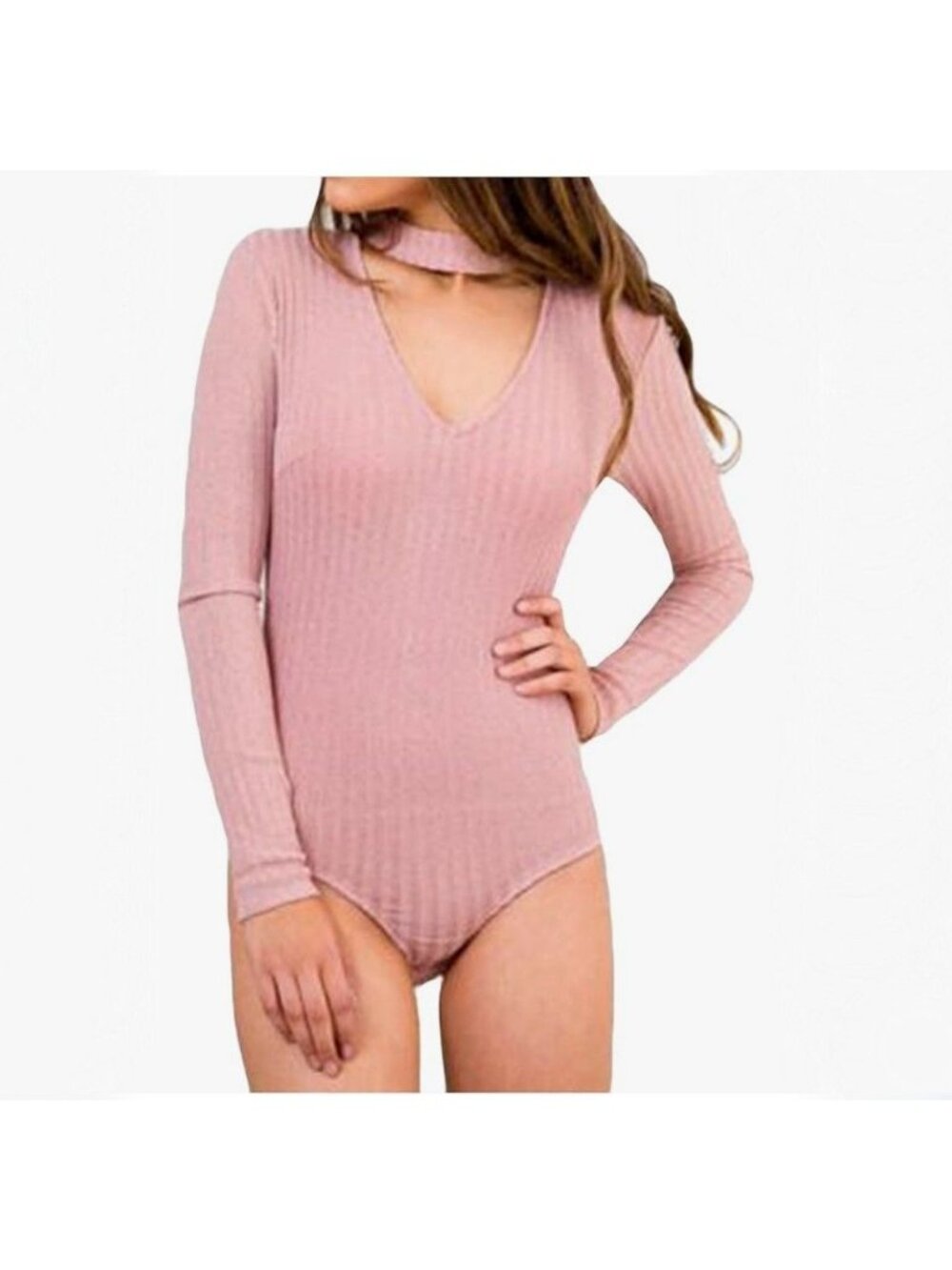 NWOT Women's Long Sleeve Deep V-Neck Ribbed Choker Bodysuit Size Large Blush